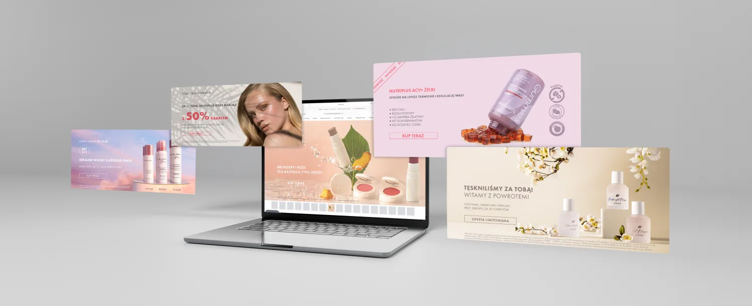 Farmasi storefront open on a laptop, with four promotional banners floating around it