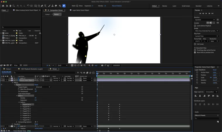 After Effects working view: the conductor silhouette rigged with eight puppet pins, keyframes on the timeline