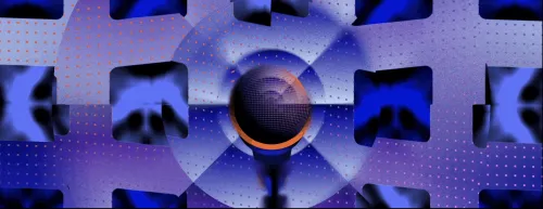 An earlier issue of the publication: a collage lead, grids and dotted screens around a microphone