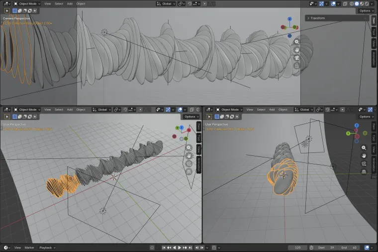 Blender working view: the Clinical Healthcare melody forms in three viewports, camera perspective above