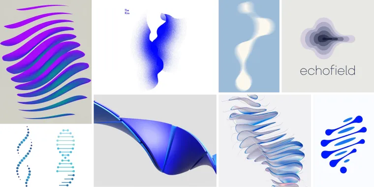 Design Mind mood board for the Healthcare article: gradient forms, a strand of DNA, flowing shapes and a stacked blade study, collected as references