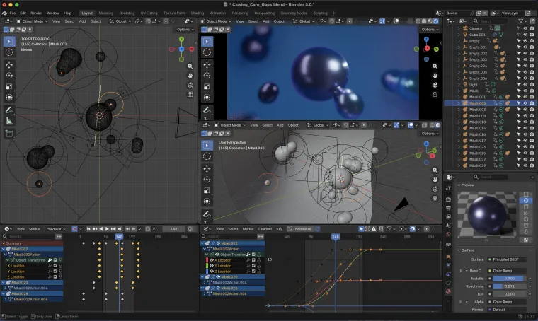 Blender working view: Closing Care Gaps metaballs in wireframe and render preview, with the dope sheet and animation curves open below