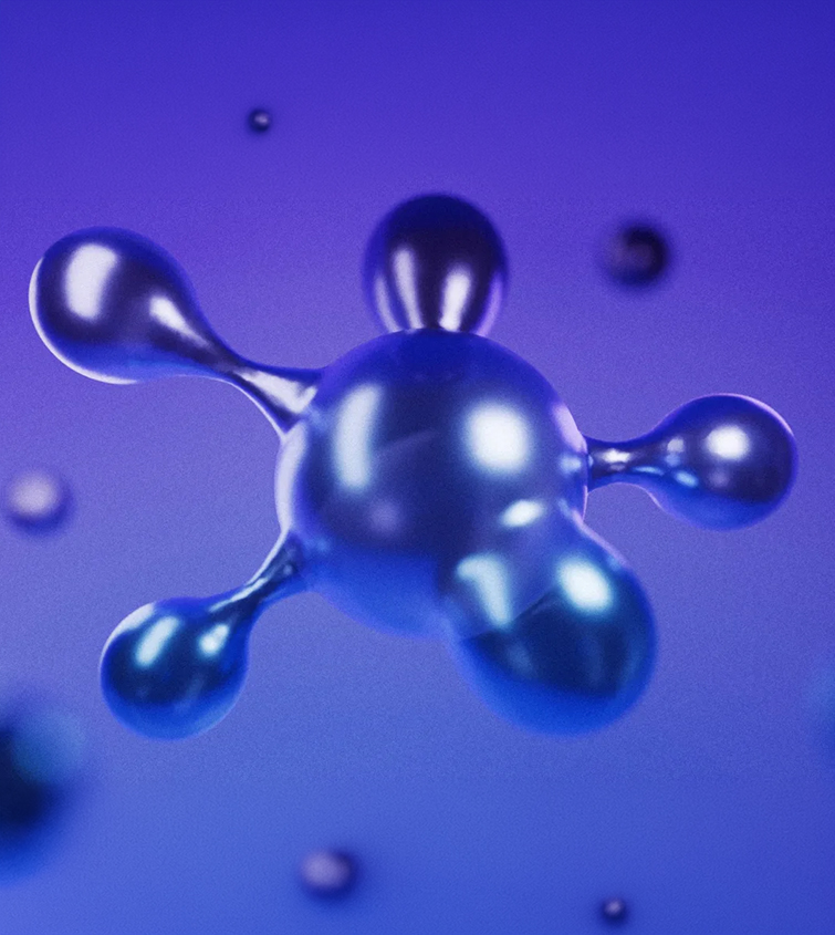 Closing Care Gaps: the animated 3D molecular key visual, held on the frame where a droplet pulls clear of the sphere