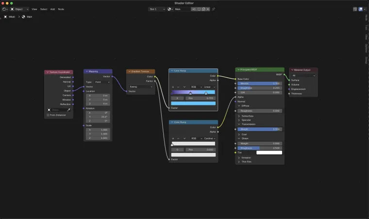 Blender shader editor, the liquid-metal material: gradient texture through colour ramps into a metallic principled BSDF