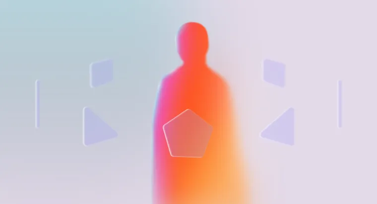 Scenario illustration: the gradient figure surrounded by floating translucent interface shapes