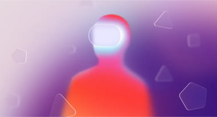 Scenario illustration: the gradient figure wearing a glowing headset, geometric shapes drifting around