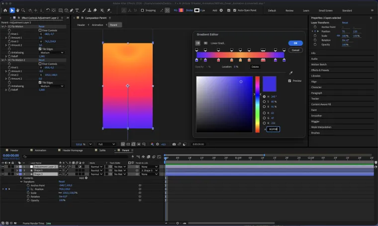 After Effects working view: the gradient editor open on a pill shape, nine colour stops from orange through red to violet