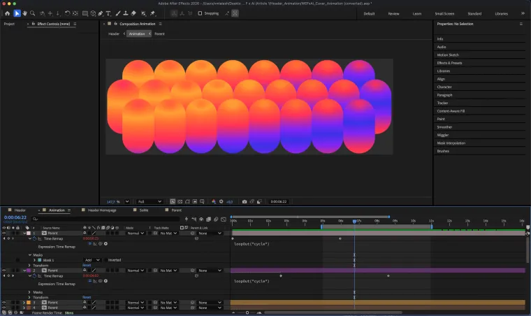 After Effects working view: the WEF x AI gradient grid with time-remapped layers and loopOut cycle expressions on the timeline