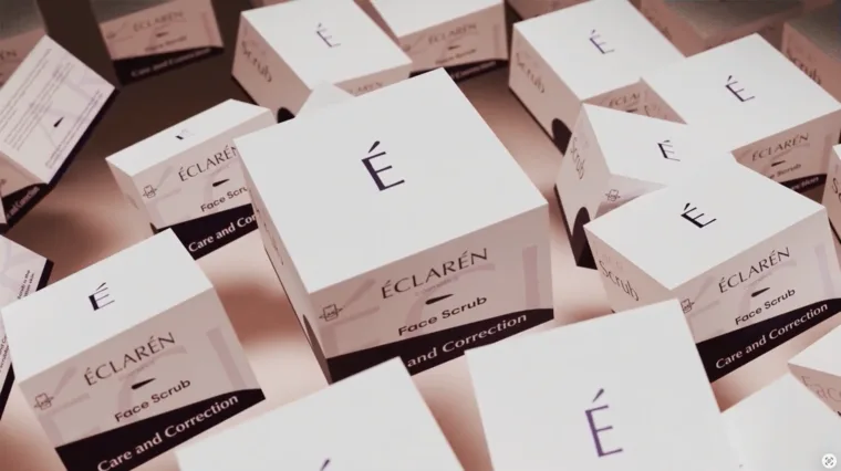 Éclarén, rendered: a field of Face Scrub cartons filling the frame, the É repeating across all of them