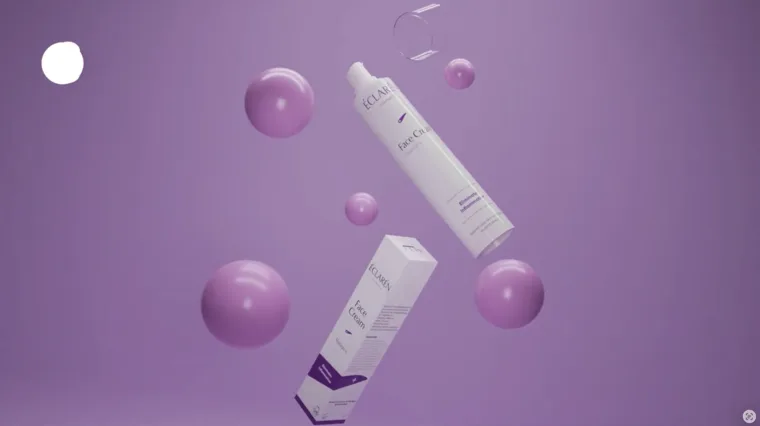 Éclarén, rendered: the Repair+ tube and carton suspended in purple among floating spheres