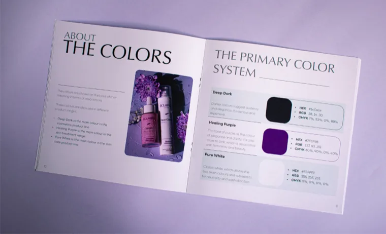 Éclarén: the printed brand book open at the colour system spread