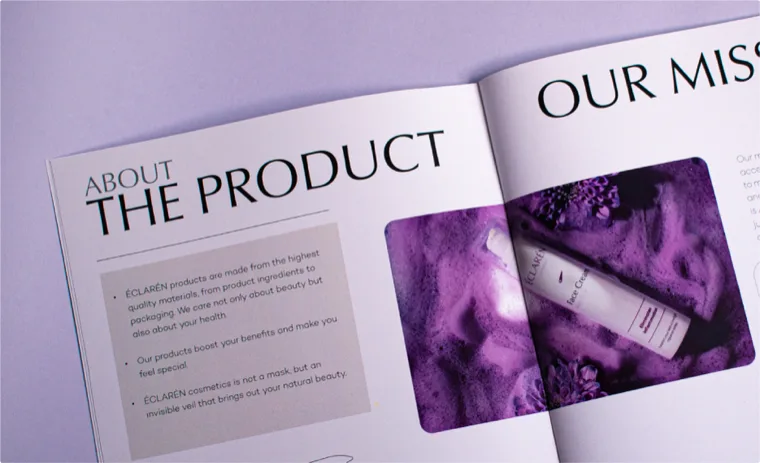 Éclarén: the printed brand book open at the product and mission spread