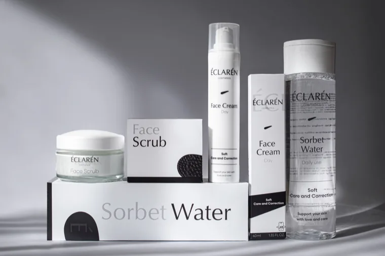 Éclarén, the care range: Face Scrub, Face Cream and Sorbet Water with their cartons