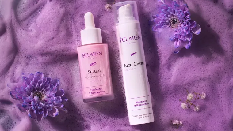 Éclarén: Serum and Face Cream in purple foam with chrysanthemums, held on the opening frame of the cover film