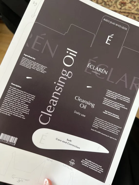 Éclarén: the Cleansing Oil carton printed flat on a sheet, with pencil marks on the die