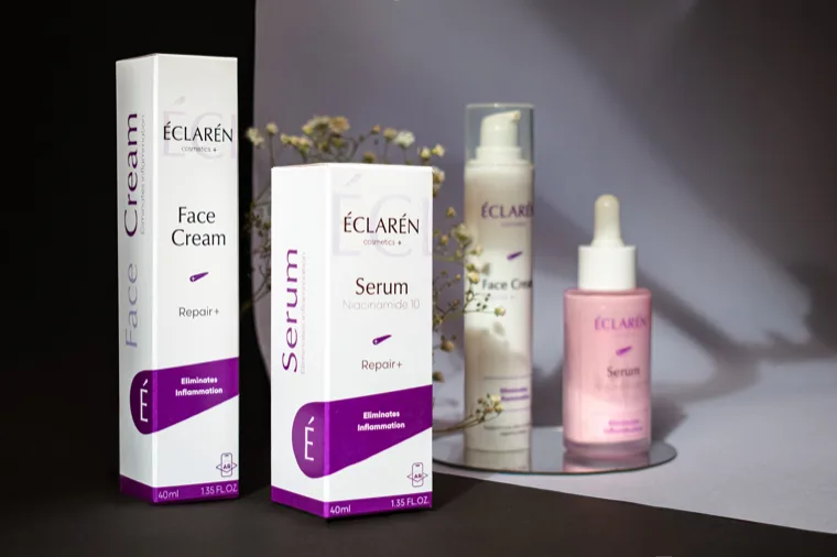 Éclarén: Face Cream and Serum with their cartons, hard light packshot