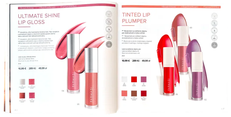 Lip gloss spread in the old catalogue: swatch plates beside the products