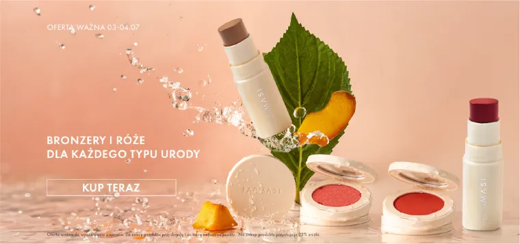 Web banner: bronzer sticks, blushes and a compact in a splash of water