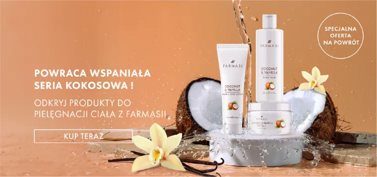 Web banner: Coconut & Vanilla body care on a cracked coconut, a round “special offer” stamp at the right