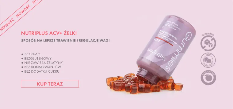 Web banner: a Nutriplus ACV+ jar spilling gummies, the claims listed beside it
