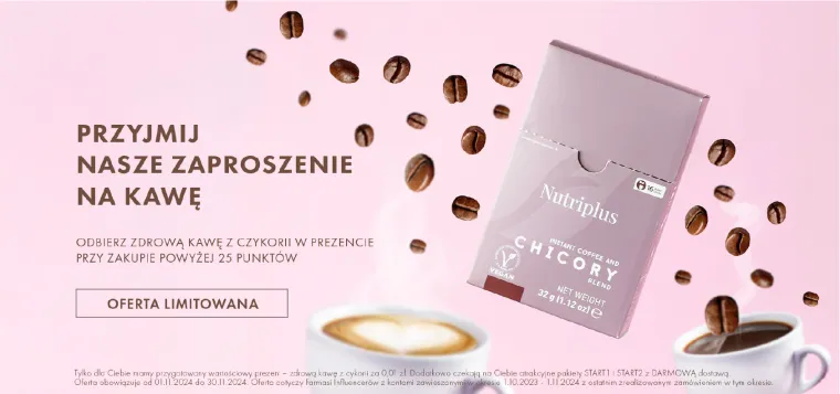 Web banner: a Nutriplus chicory coffee pack among falling beans, two cups at the foot