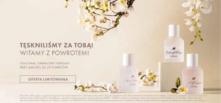 Web banner: three eau de parfum bottles under white blossom