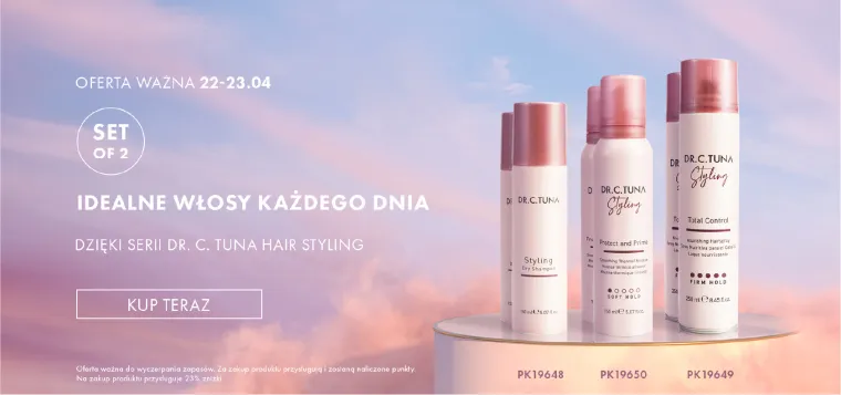 Web banner: three Dr. C. Tuna styling cans on a plinth against a pink sky, the offer dated 22–23.04