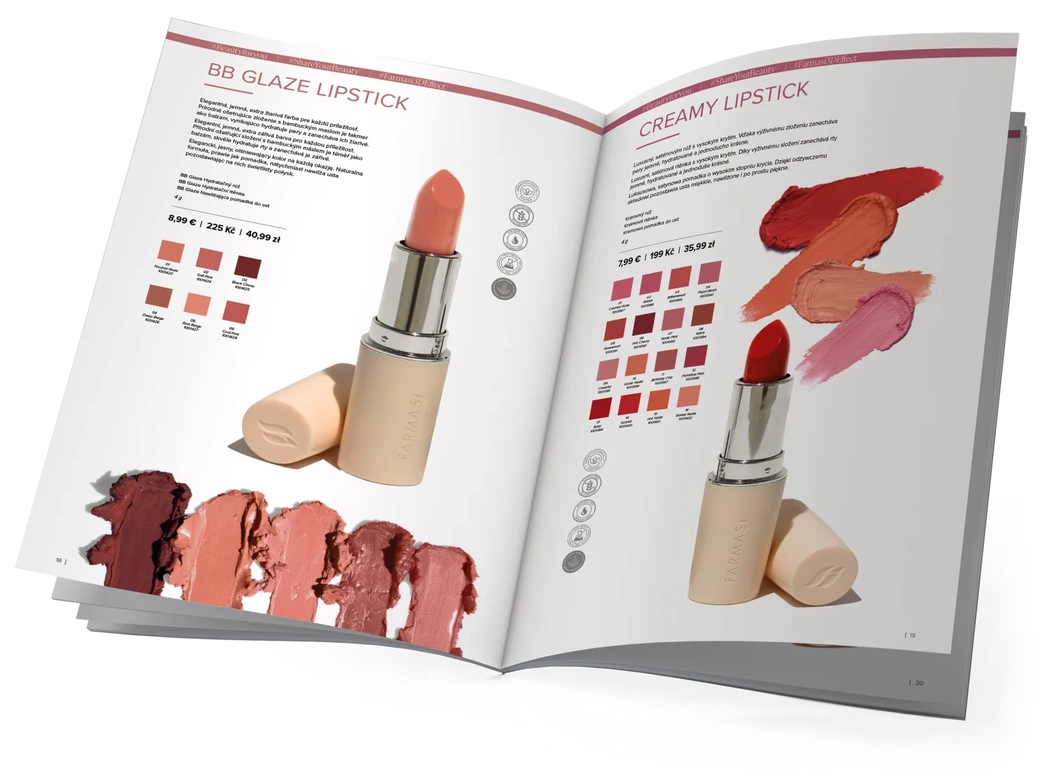 Catalogue spread: BB Glaze Lipstick and Creamy Lipstick, with shade grids and swatches