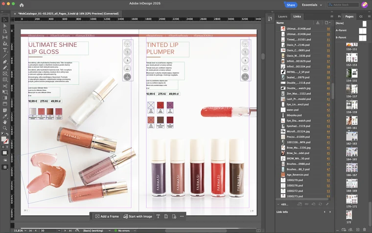 InDesign working view: the Ultimate Shine Lip Gloss spread, the Links panel counting 489 placed files named by product, and the status bar reporting no errors
