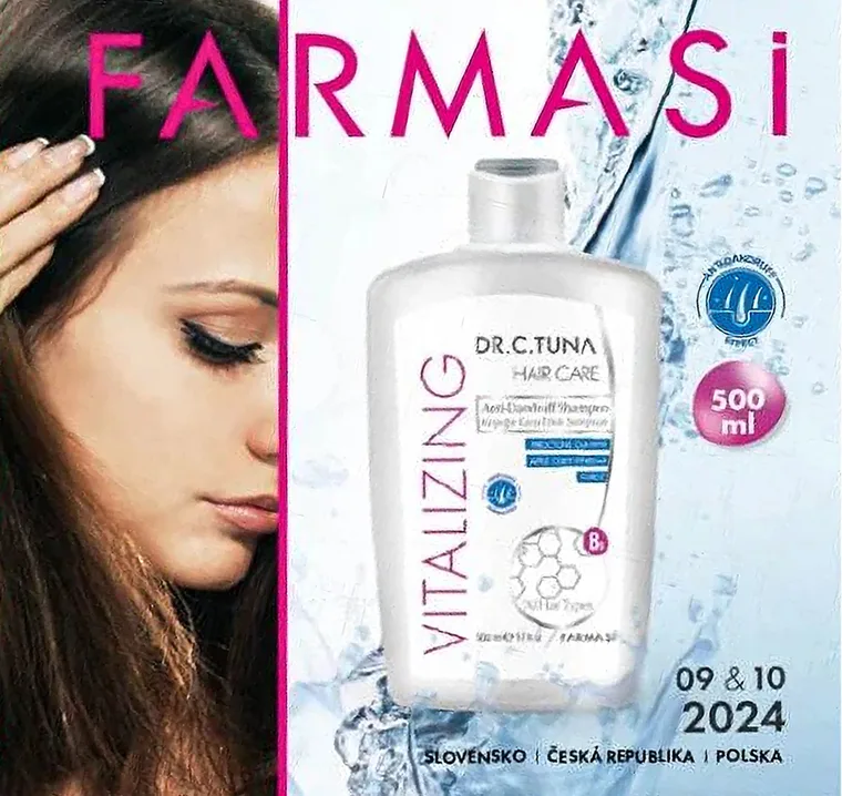 Farmasi catalogue cover, 09 & 10 / 2024: a model, a shampoo bottle and two offer badges crowded onto the front