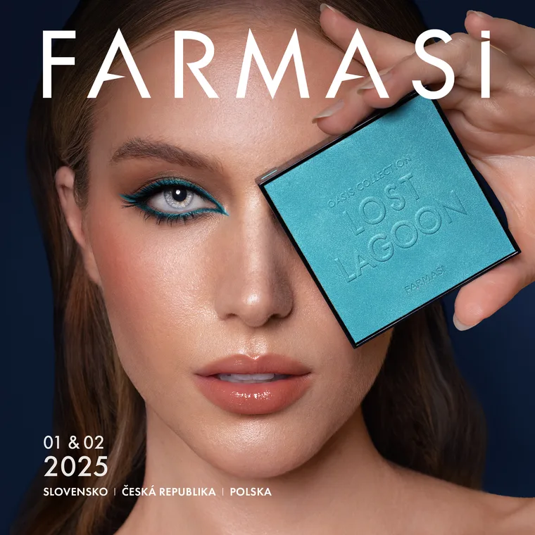 Farmasi catalogue cover, 01 & 02 / 2025: one model holding a single eyeshadow, the logotype across the top