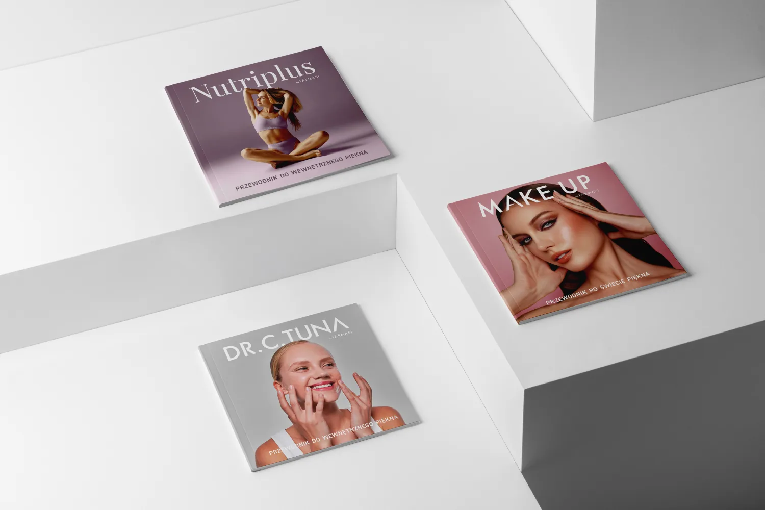 Three Farmasi guide covers: Nutriplus, Dr. C. Tuna and Make Up
