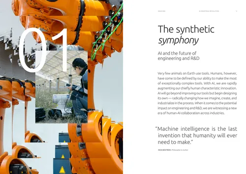 Chapter opener from The Scale Effect: the numeral 01 over a collage of industrial photography, the title The synthetic symphony and its standfirst on the facing page
