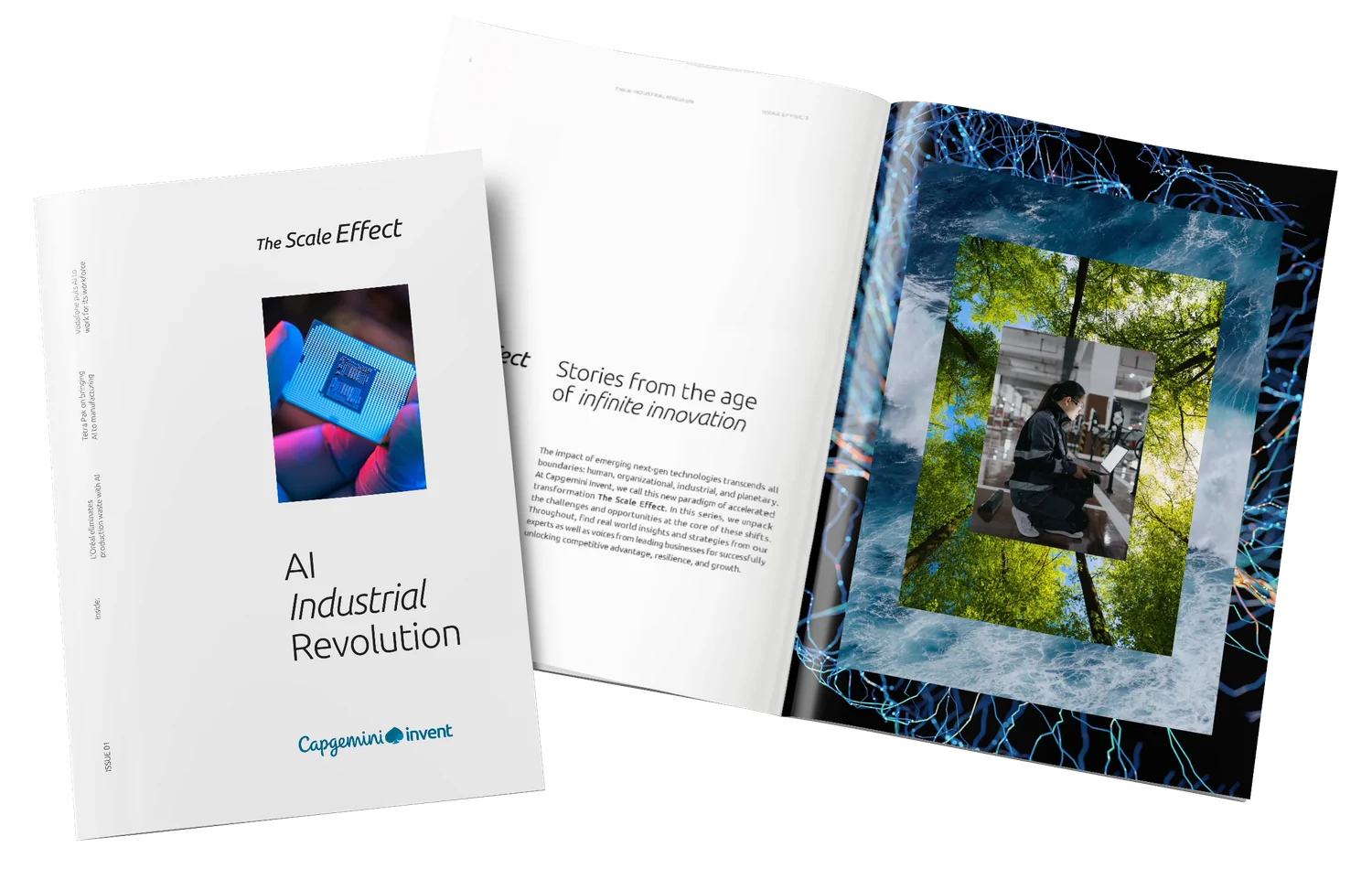 The Scale Effect: printed cover and an opening spread, AI Industrial Revolution