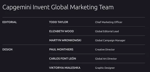 The Scale Effect, page 118: the Capgemini Invent Global Marketing Team table, with Paul Monthiers, Carlos Font León and Viktoryia Mialeshka listed under Design