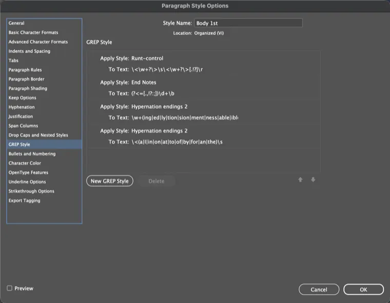 Paragraph Style Options, GREP styles on the Body 1st style: runt control, end notes, hyphenation exceptions