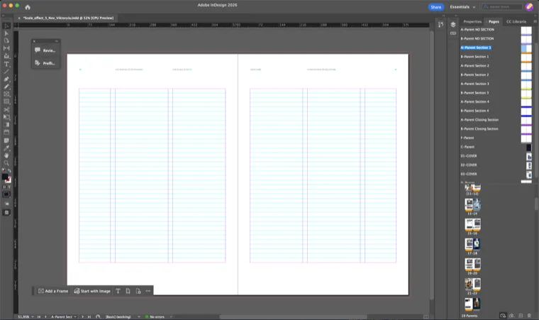 InDesign Pages panel: the empty A parent for section 1 on the canvas with its running heads, and the list of 19 parents colour-coded by section