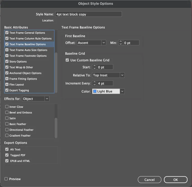 Object Style Options: a text-frame style carrying its own custom 4 pt baseline grid