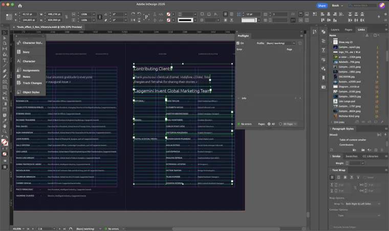 InDesign working view: the [Basic] preflight panel reporting no errors across all pages, and the Links panel counting 154 placed files