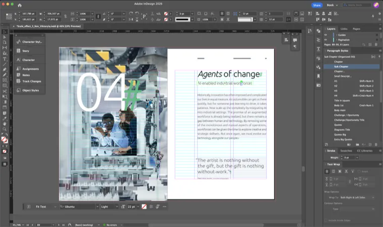 InDesign working view: chapter 04 opener with baseline grid, guides, and paragraph style panels open