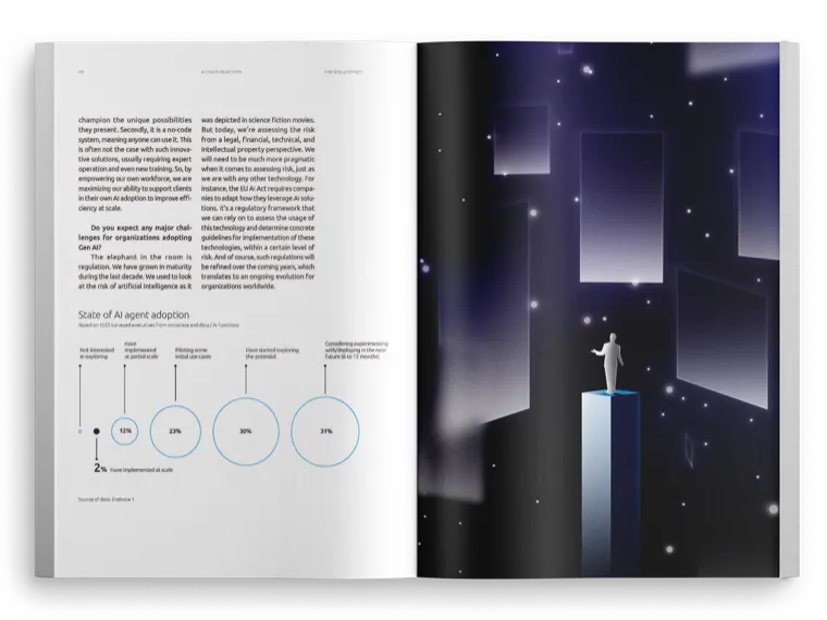 Spread: State of AI agent adoption bubble chart beside a dark illustration of a figure among floating screens