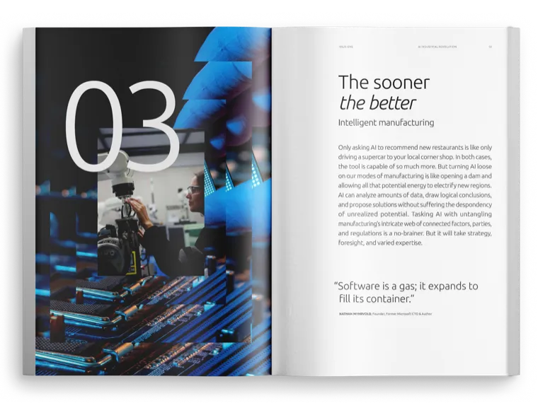 Chapter spread: The sooner the better, intelligent manufacturing, oversized 03 over blue industrial photography