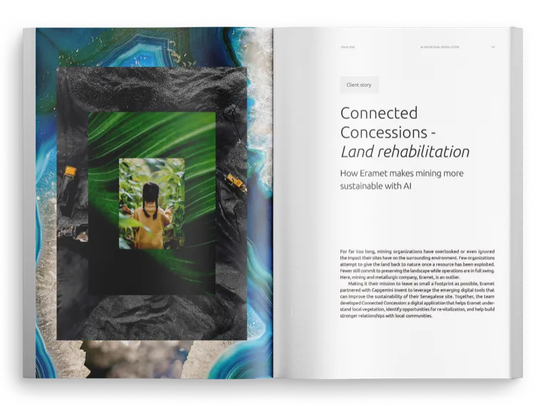 Client story spread: Eramet, Connected Concessions, land rehabilitation collage in greens