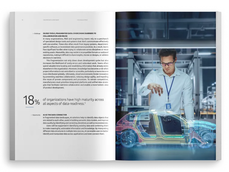 Spread: an 18 percent statistic set large in text, an engineer with a holographic car model opposite