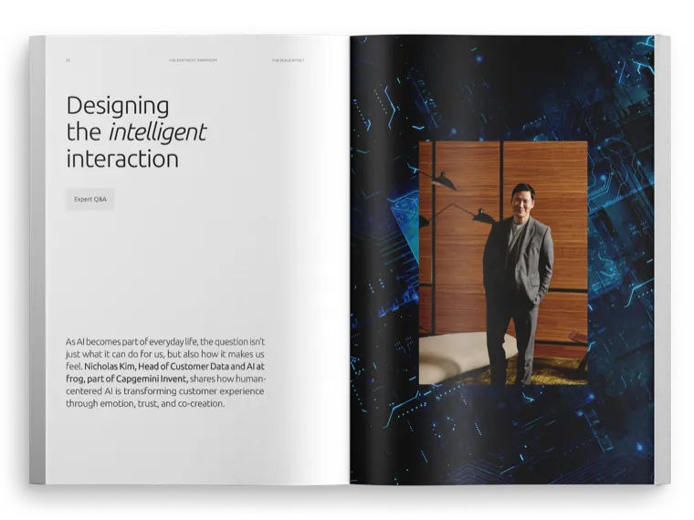 Expert Q&A spread: Designing the intelligent interaction, portrait on a circuit-board ground