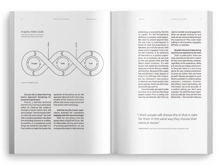 Spread: Imagine, Make, Scale infinity-loop diagram over an interview about frog’s approach