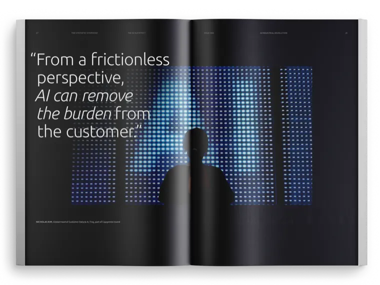 Dark pull-quote spread: a silhouette against a wall of LED panels, the quote set large on the left page