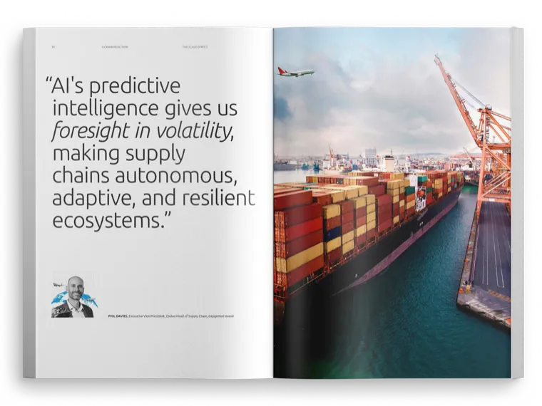 Light pull-quote spread: the quote set large on the left page, a container port bleeding off the right