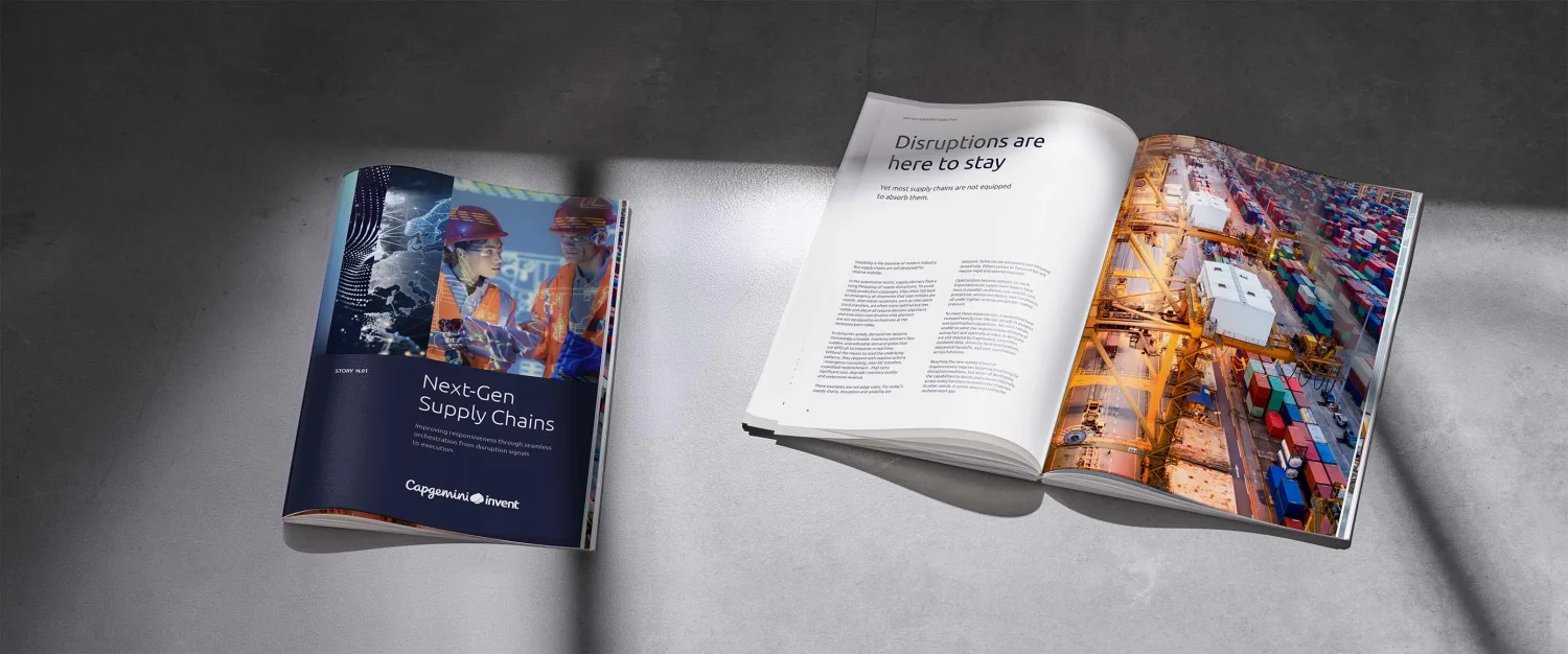 Beyond Silos: the Next-Gen Supply Chains cover beside an open spread, “Disruptions are here to stay”